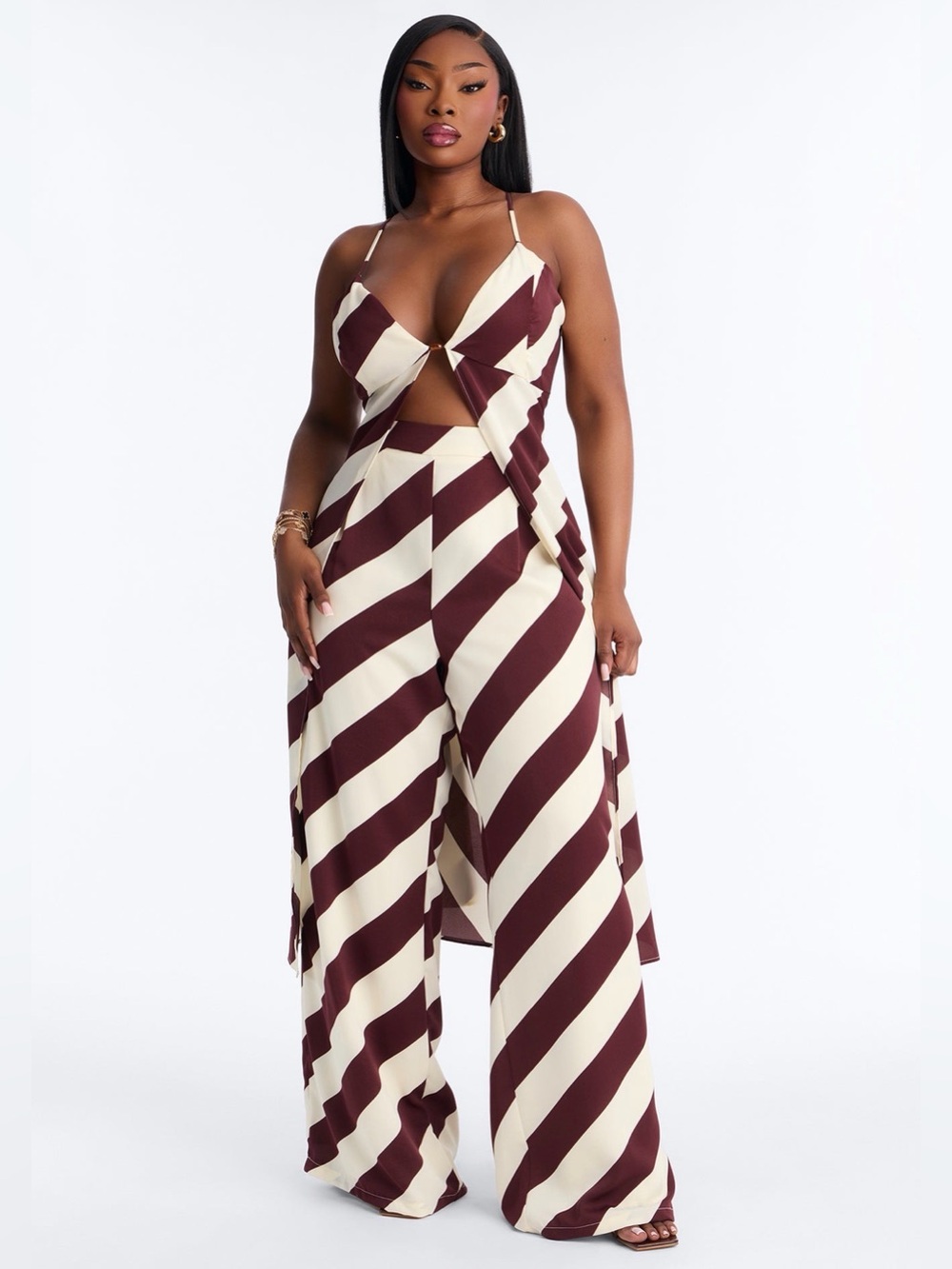 Fashion Nova Burgundy & Cream Diagonal-Stripe Twist Jumpsuit